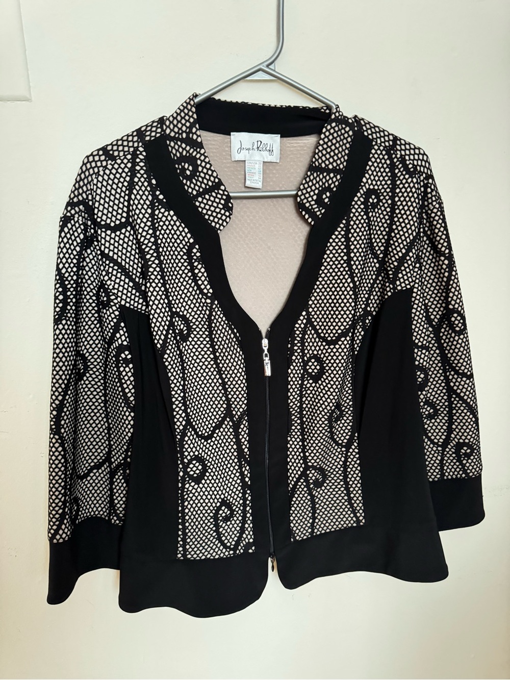 Joseph Ribkoff Black & Cream Patterned Zip-Front Soft Jacket - Picture 1 of 16
